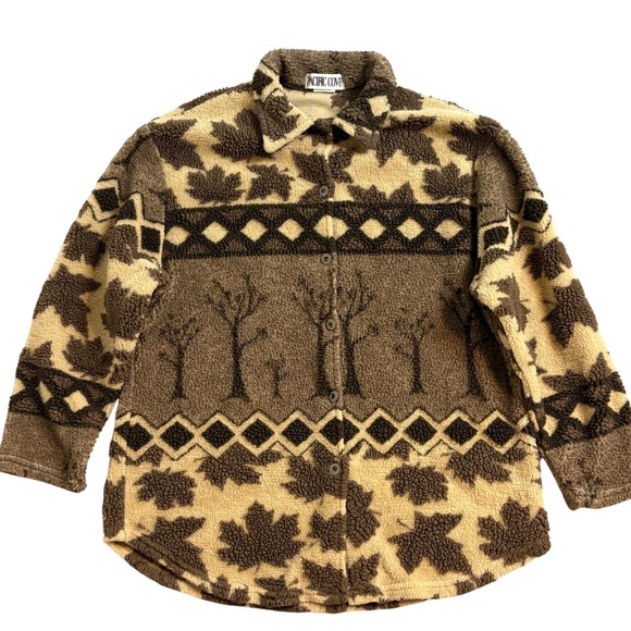 Pacific Cove Tops - Pacific Cove Vintage Fleece Button Up Shirt Sweater Maple Leaf Tree Nature L